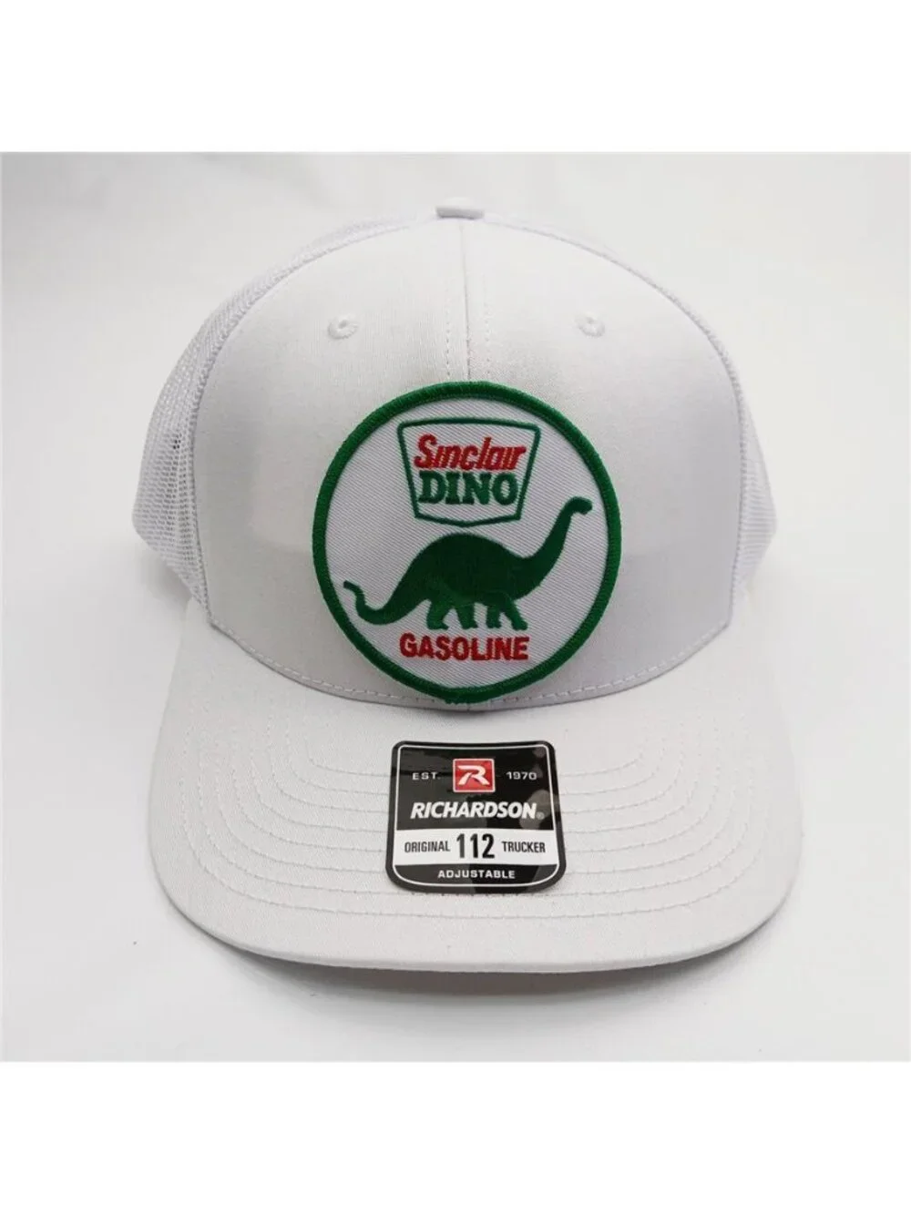 Retro Sinclair Dino Gas Embroidered Patch Trucker Hat White Richardson 112 80s